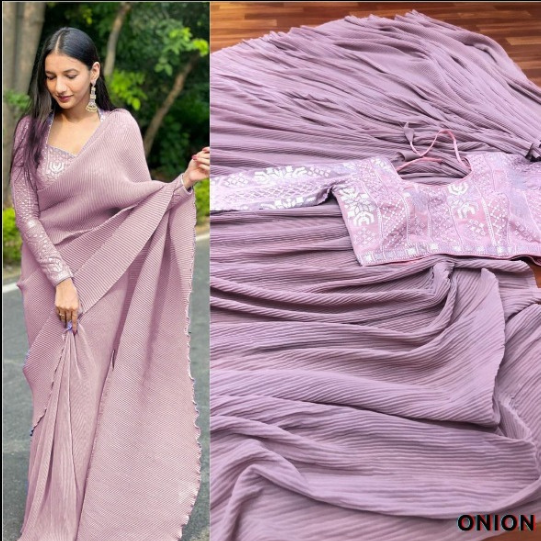 Hollyhock Crush Georgette saree with Stitched blouse - Pink
