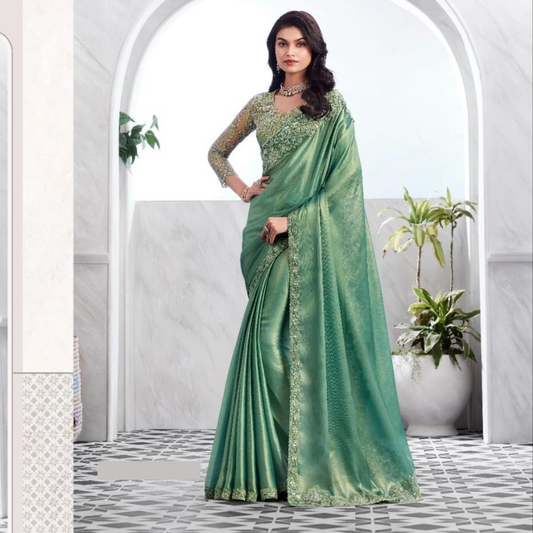 Green Shimmer Silk saree embellished with Sequin