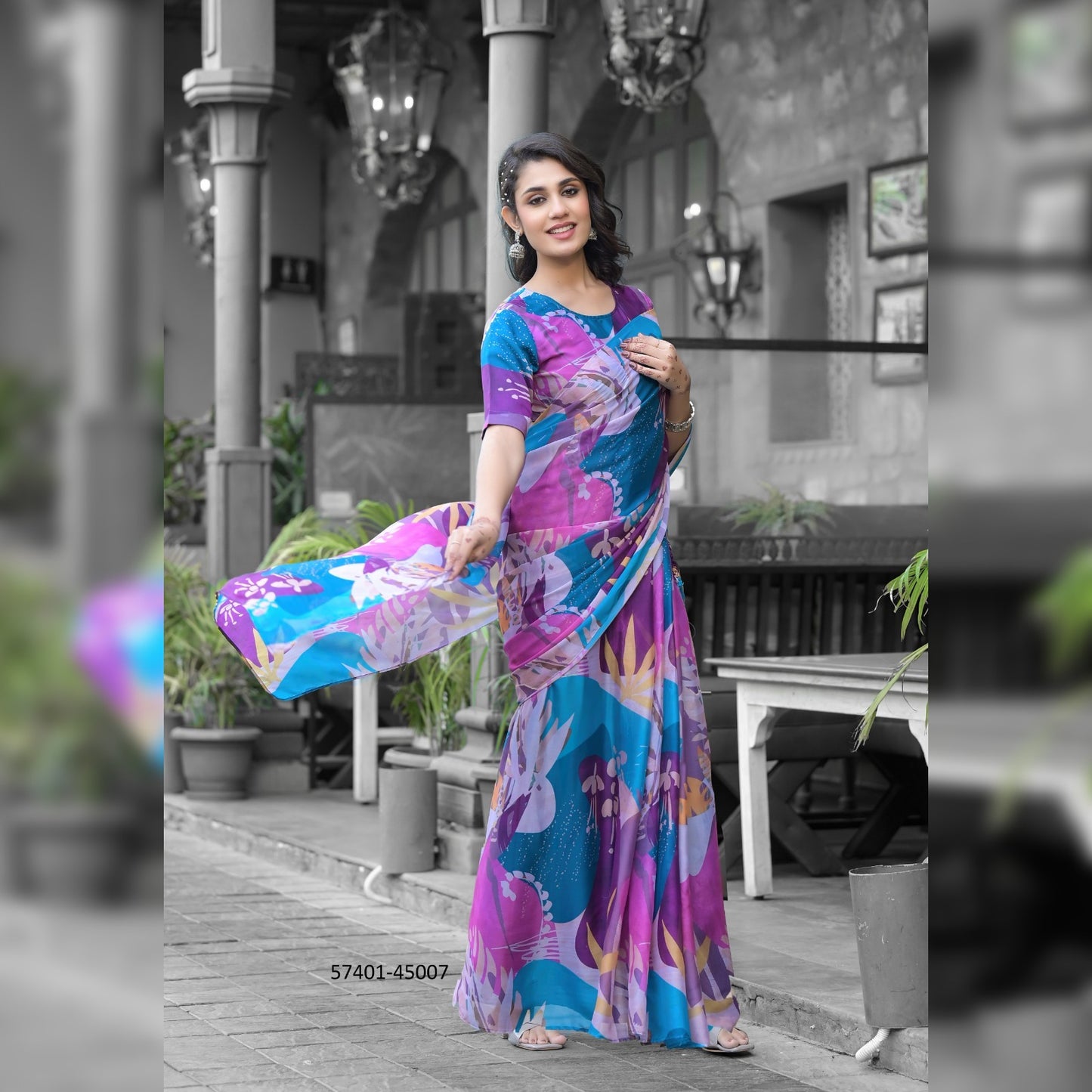Artistic Multicolor Printed Gown Saree – A Unique Blend of Tradition and Modern Style for Every Occasion