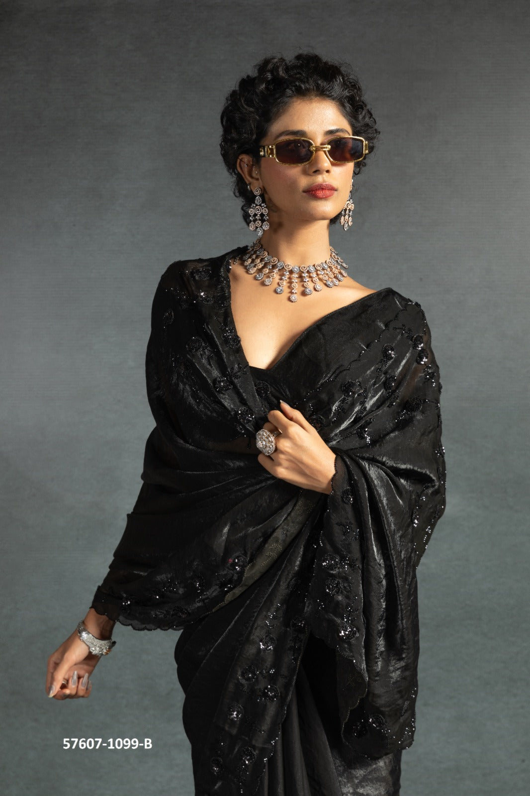 Beautiful Black Satin saree embellished with Sequin