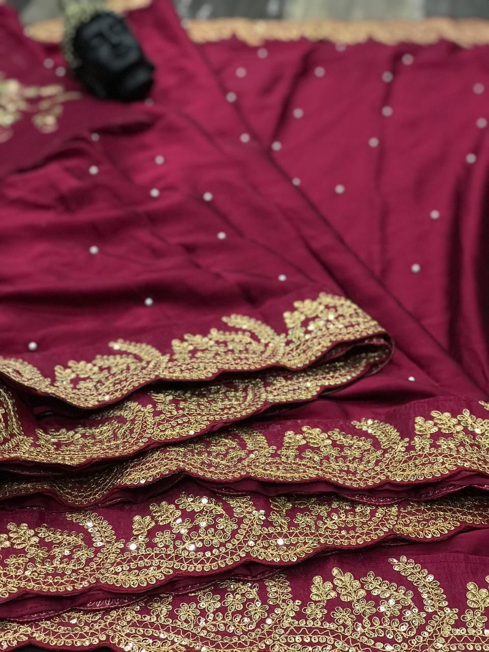 Red Silk Saree embellished with golden Sequin
