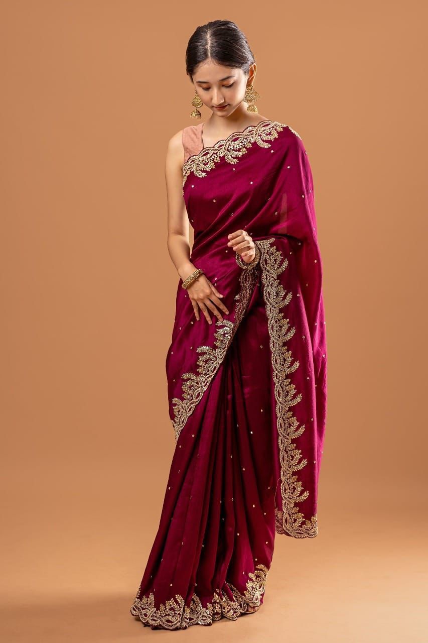 Red Silk Saree embellished with golden Sequin