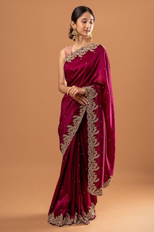 Red Silk Saree embellished with golden Sequin