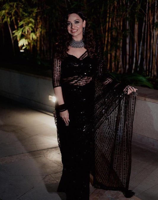 Black Georgette saree embellished with Sequin - Net