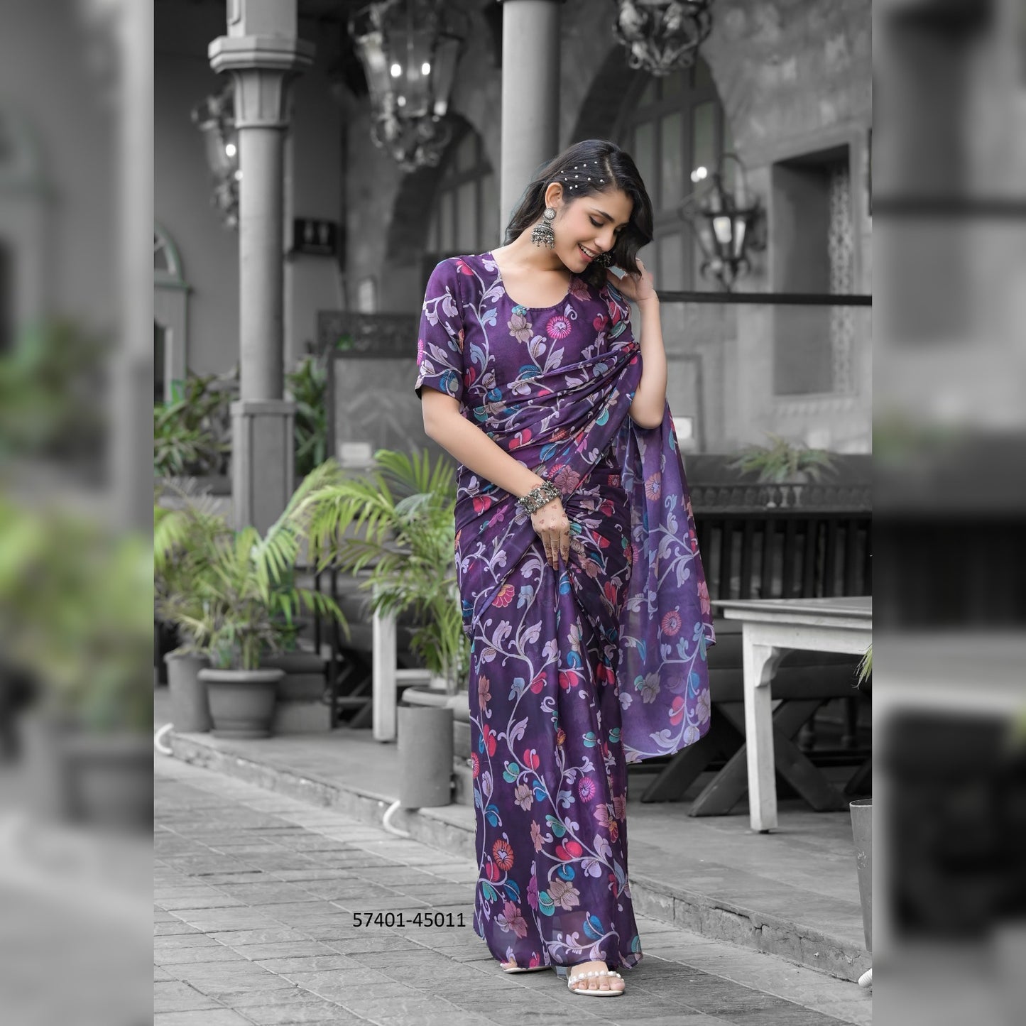 Trendy Multicolor Gown Saree with Bold Prints – Perfect for the Fashionista in You