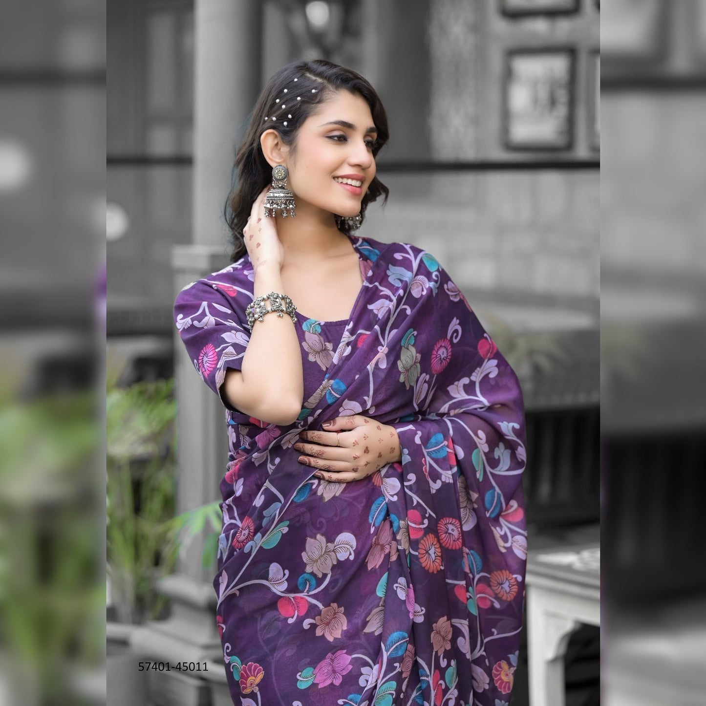 Trendy Multicolor Gown Saree with Bold Prints – Perfect for the Fashionista in You