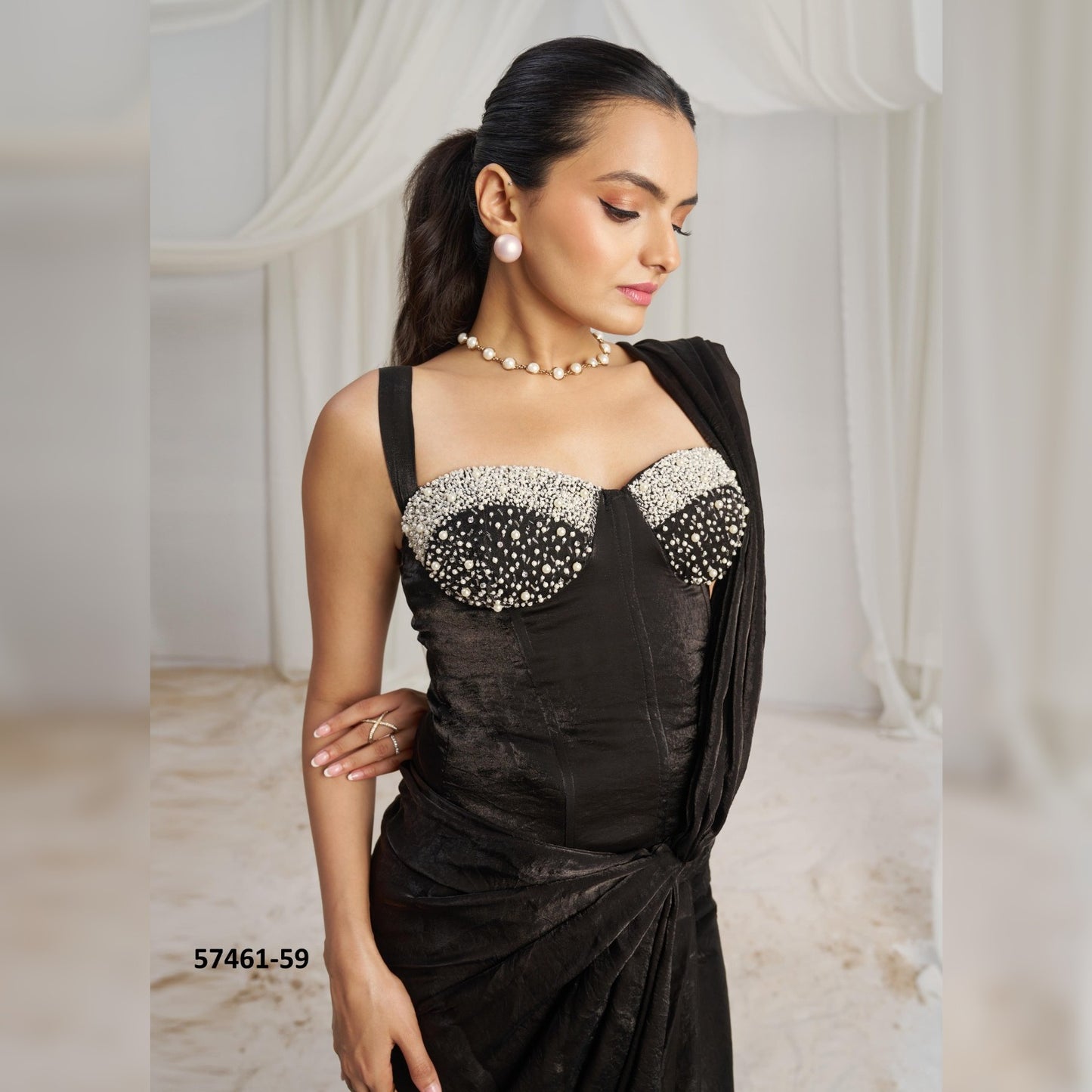 Trendy Black Organza Saree with Glossy Finish | Ready-to-Wear Design for Modern Elegance