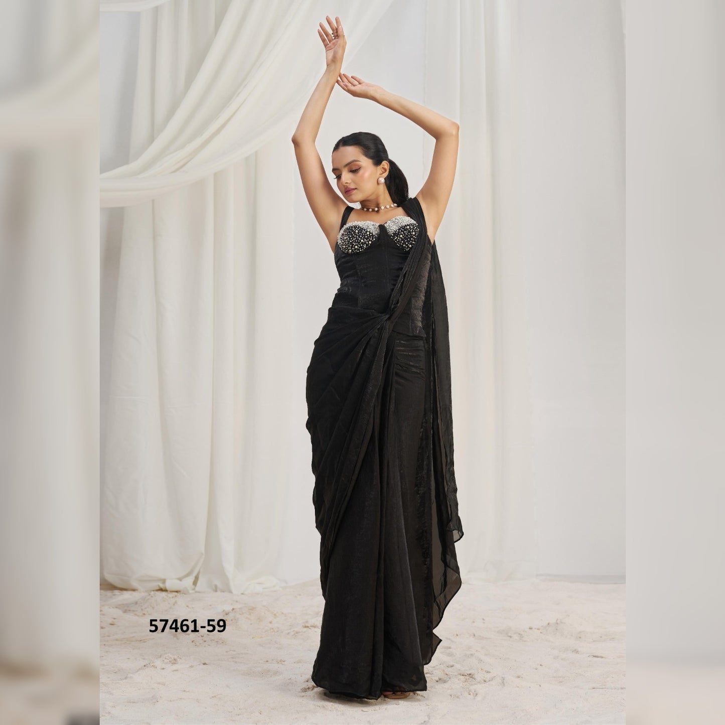Trendy Black Organza Saree with Glossy Finish | Ready-to-Wear Design for Modern Elegance