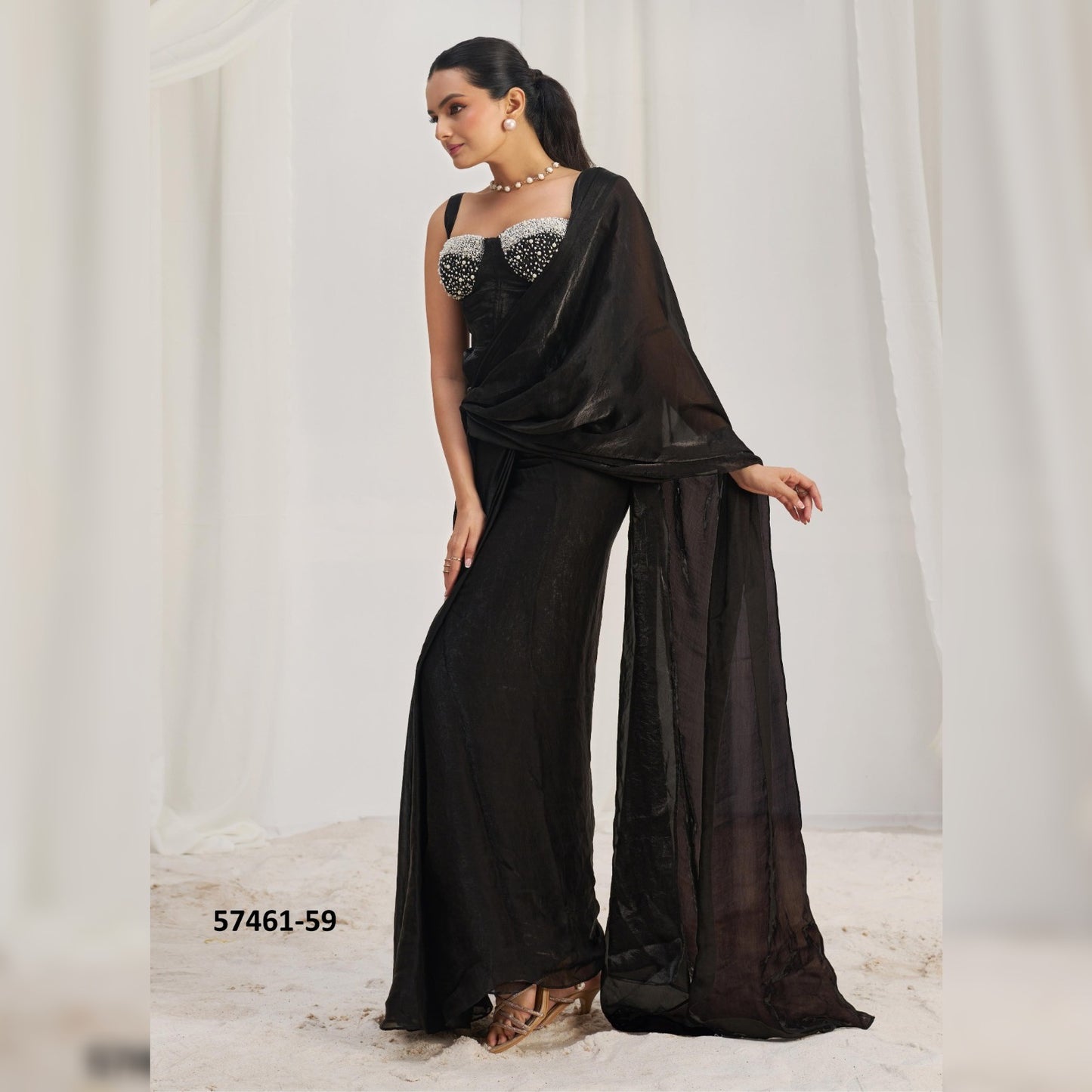 Trendy Black Organza Saree with Glossy Finish | Ready-to-Wear Design for Modern Elegance
