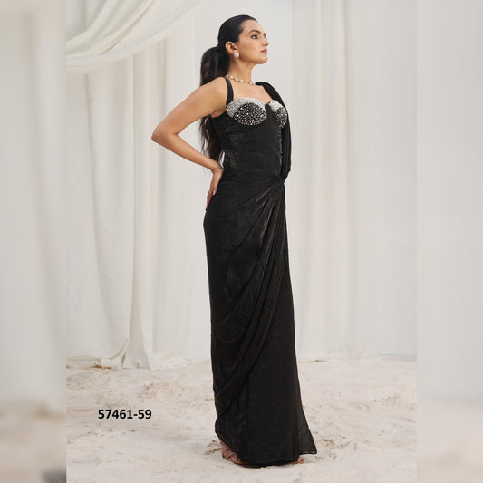 Trendy Black Organza Saree with Glossy Finish | Ready-to-Wear Design for Modern Elegance