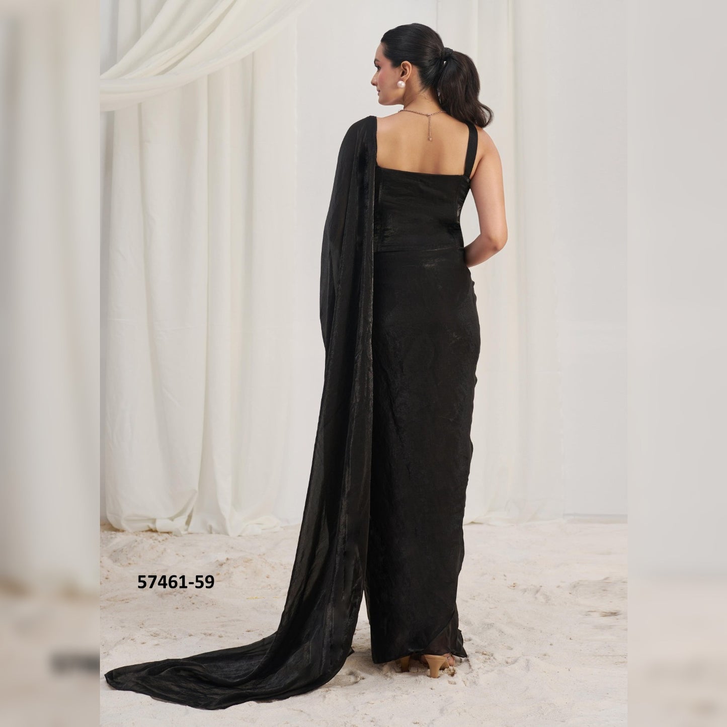 Trendy Black Organza Saree with Glossy Finish | Ready-to-Wear Design for Modern Elegance