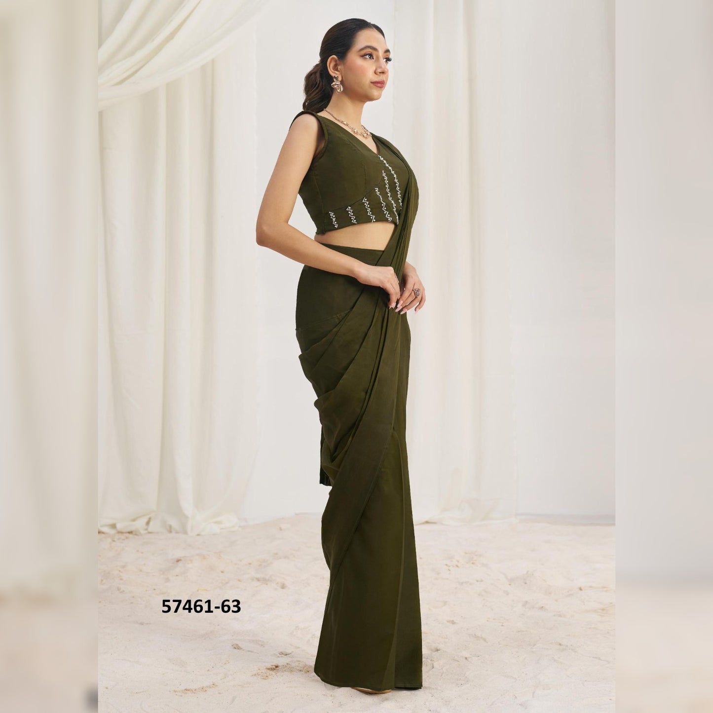 Discover the Elegance of Olive Green Organza: Ready-to-Wear Glossy Sarees