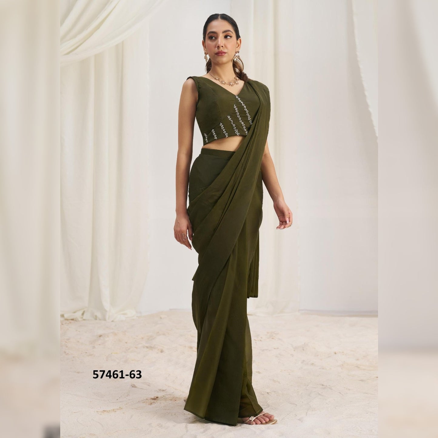 Discover the Elegance of Olive Green Organza: Ready-to-Wear Glossy Sarees