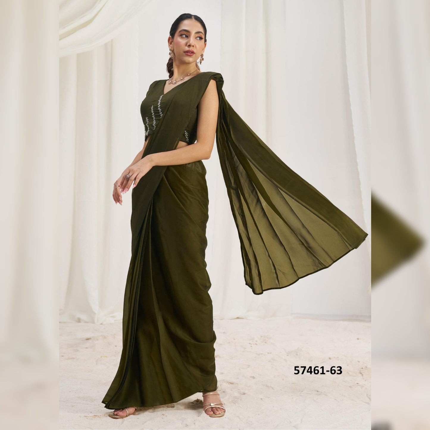 Discover the Elegance of Olive Green Organza: Ready-to-Wear Glossy Sarees