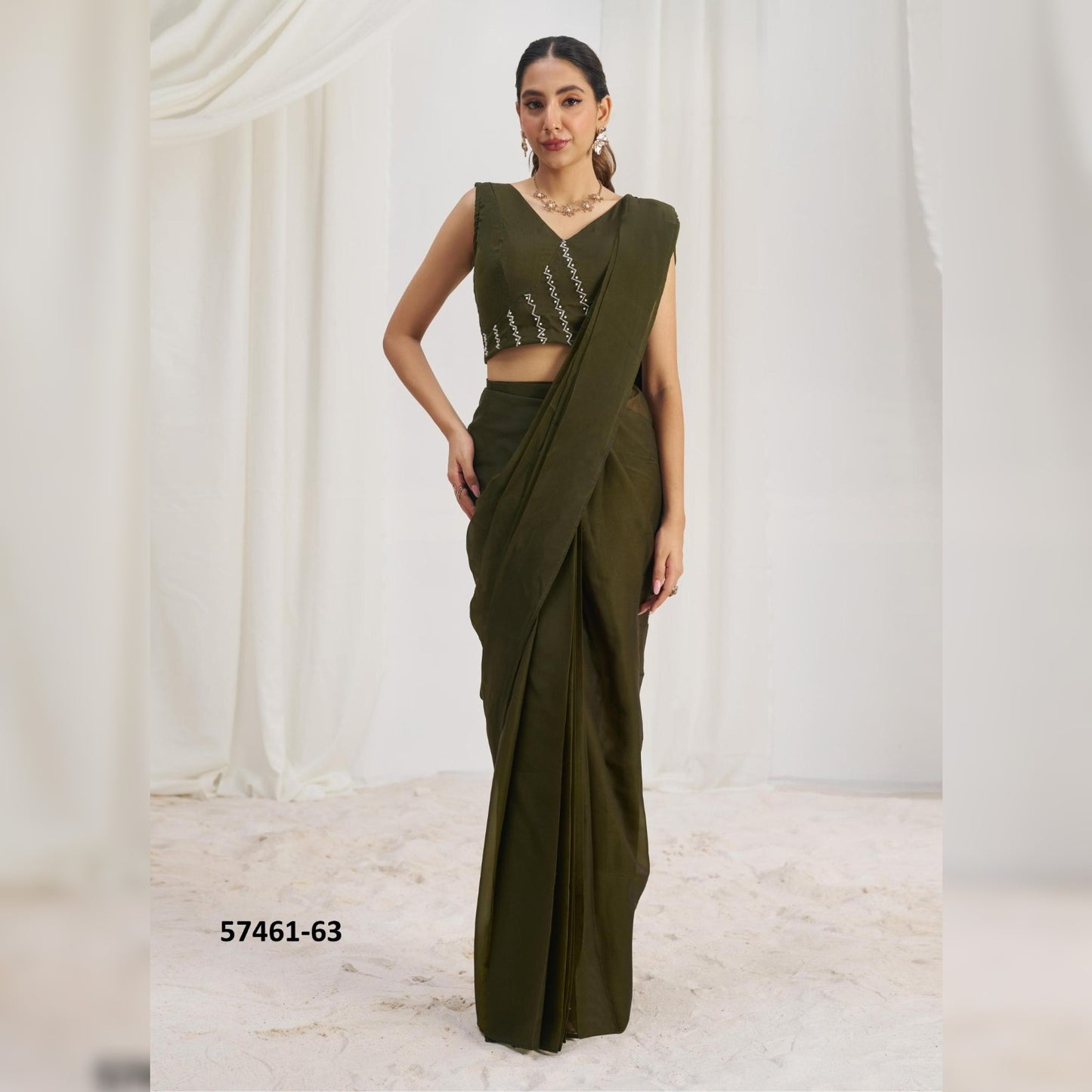 Discover the Elegance of Olive Green Organza: Ready-to-Wear Glossy Sarees