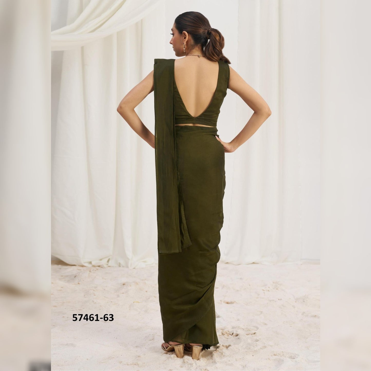 Discover the Elegance of Olive Green Organza: Ready-to-Wear Glossy Sarees