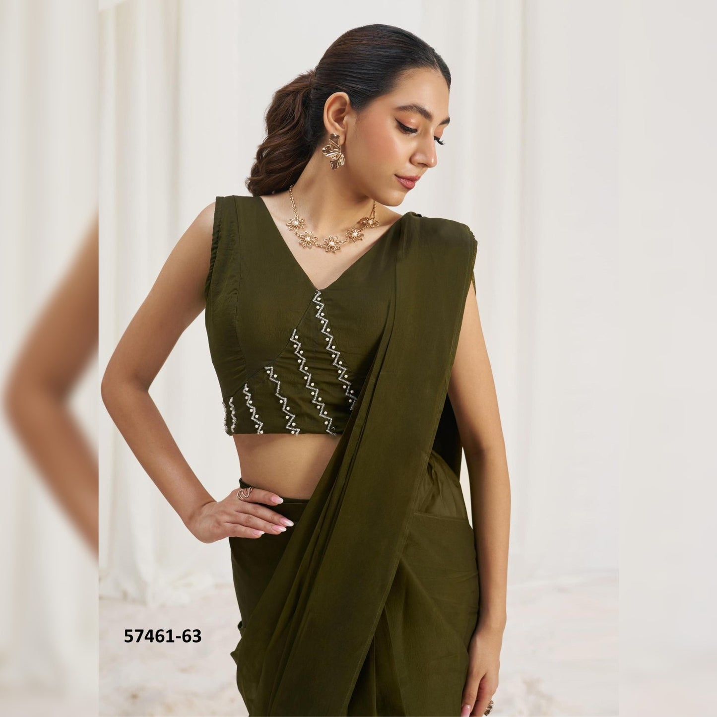 Discover the Elegance of Olive Green Organza: Ready-to-Wear Glossy Sarees