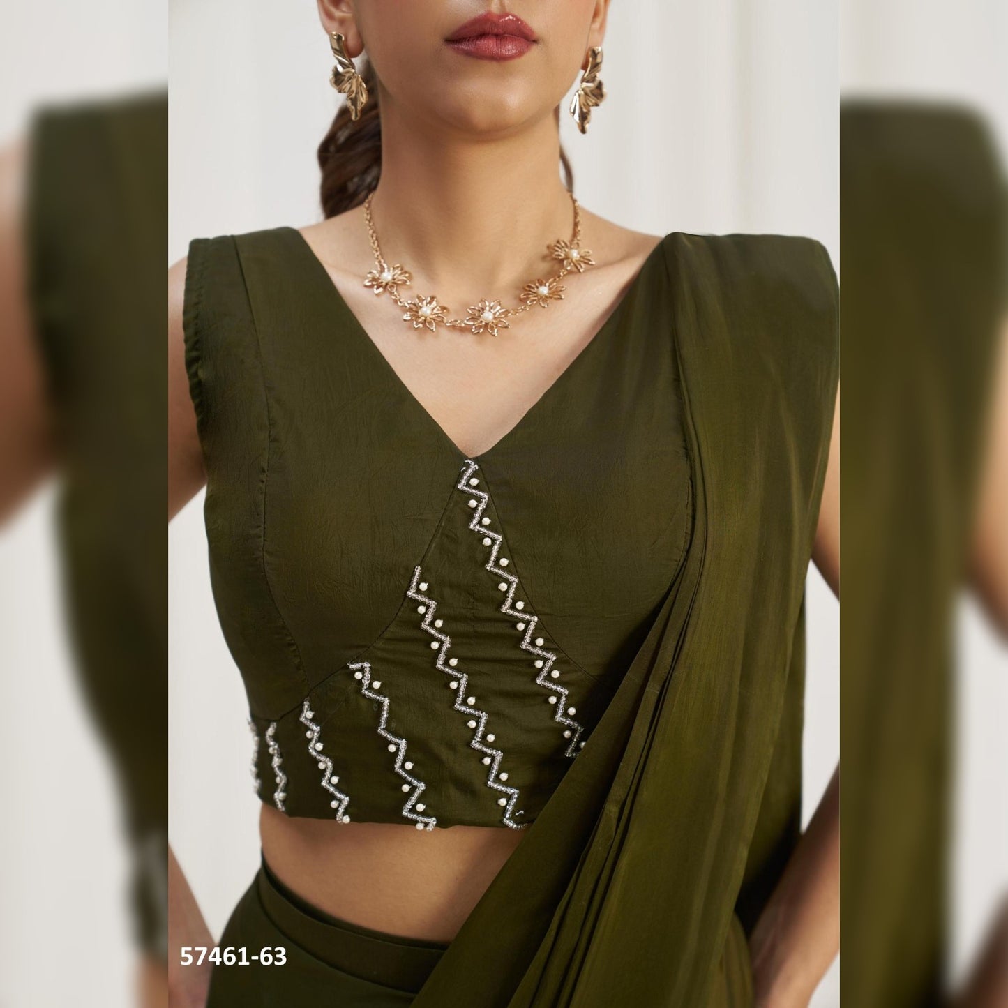 Discover the Elegance of Olive Green Organza: Ready-to-Wear Glossy Sarees