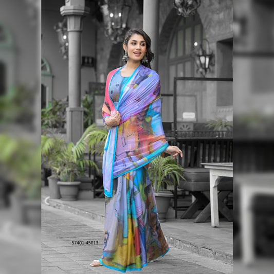 Exquisite Multicolor Printed Gown Saree - Soft Imported Georgette Fabric for Comfort & Style