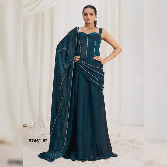 Stunning Teal Blue Glossy Organza Lehenga Saree - Effortless Glam by House of Anupama | Ideal for Festive Occasions